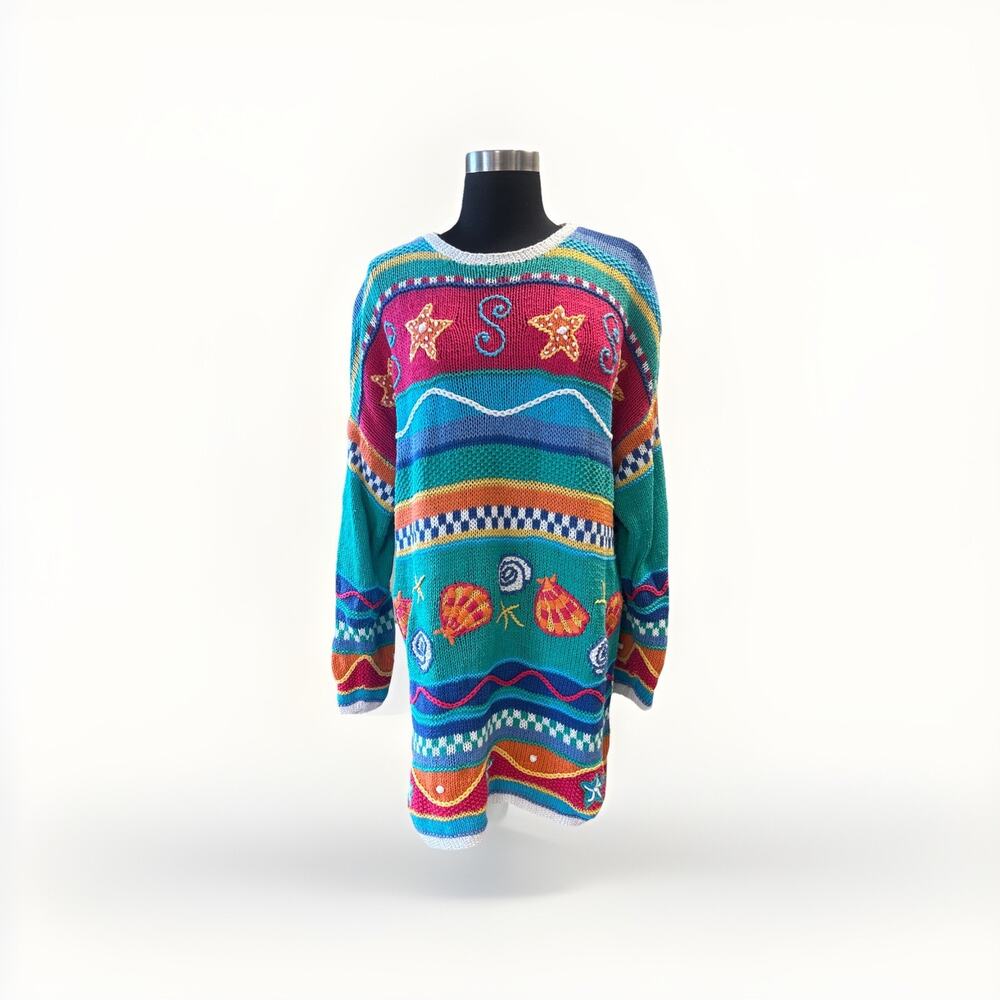 Vintage 90s Talbots Hand Knit Tunic Sweater Starfish Seashell XL Colorful